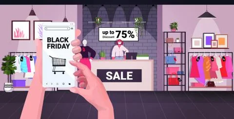 Hands using smartphone buying clothes in mobile app black friday shopping big Illustrazione stock