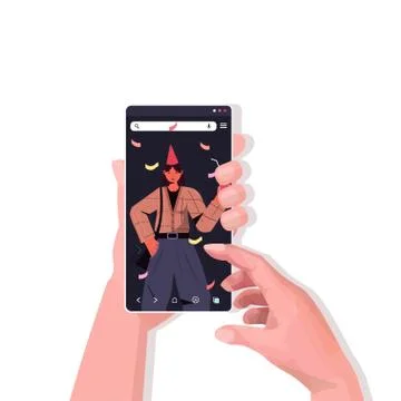 Hands using smartphone celebrating online birthday party during video call Stock Illustration