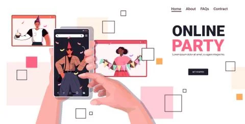 Hands using smartphone celebrating online birthday party during video call Stock Illustration