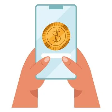 Hands using smartphone with coin 스톡 일러스트