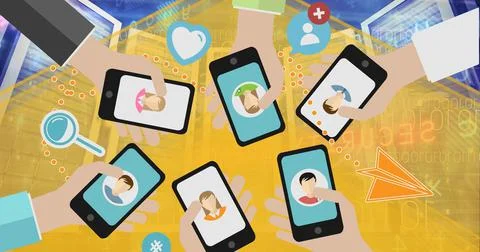 Hands using smartphone icons over computer servers against yellow technology Stock Photos