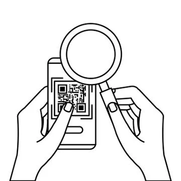 Hands using smartphone with scan code qr and magnifying glass Stock Illustration