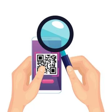 Hands using smartphone with scan code qr and magnifying glass Stock Illustration