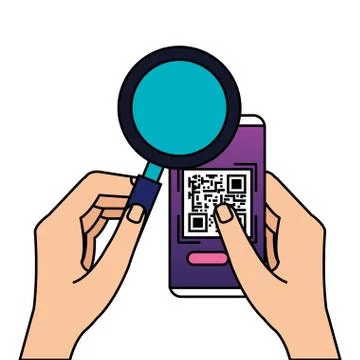 Hands using smartphone with scan code qr and magnifying glass Stock Illustration