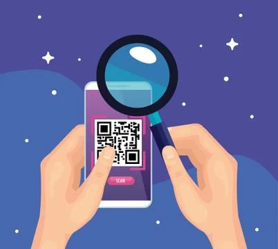 Hands using smartphone with scan code qr and magnifying glass Stock Illustration