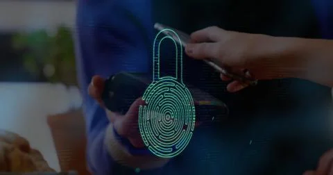 Hands using smartphone for secure digital payment with fingerprint lock overlay Foto stock