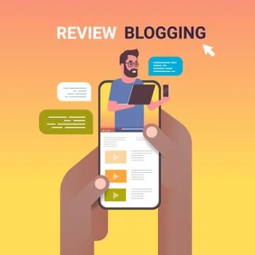 Hands using smartphone with technology blogger on screen man testing new cell Illustrazione stock