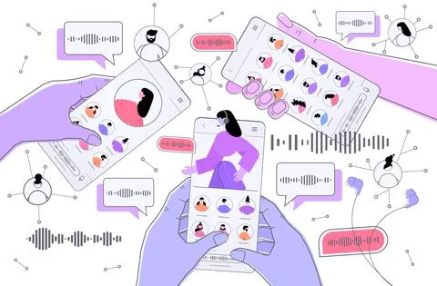 Hands using smartphones communicate by voice messages audio chat application Stock Illustration