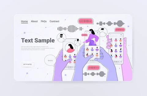 Hands using smartphones communicate by voice messages audio chat application Stock Illustration