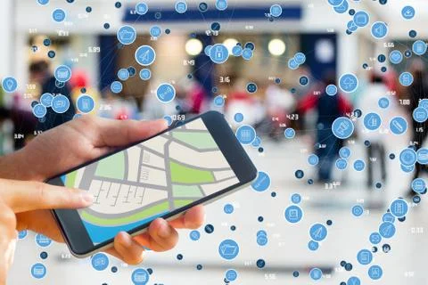 Hands using smartphones with graphics Foto stock