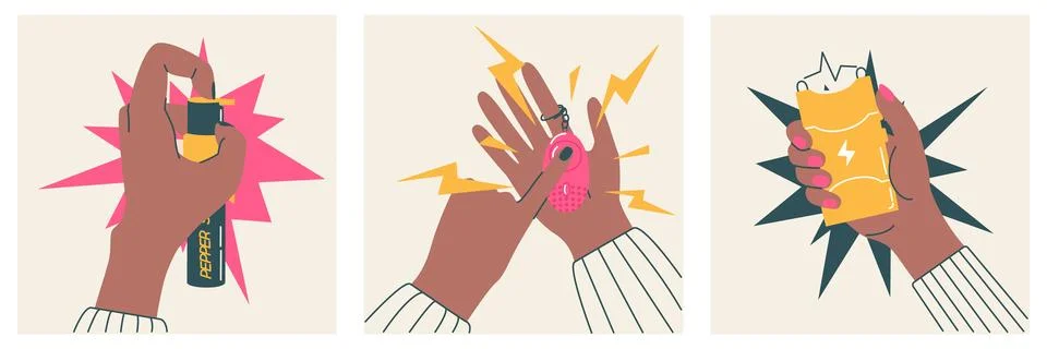 Hands using stun gun, pepper spray, personal alarm Stock Illustration