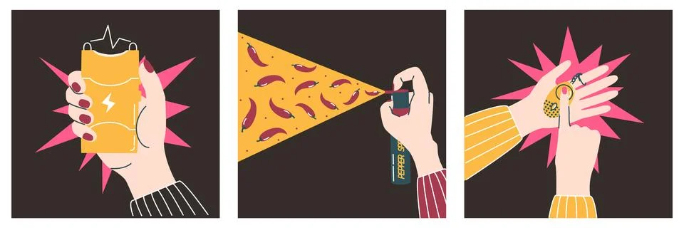 Hands using stun gun, pepper spray, personal alarm Stock Illustration