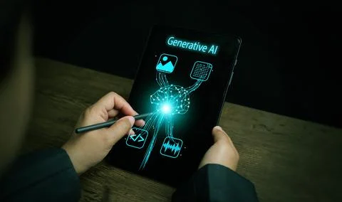 Hands using stylus on tablet with generative AI interface on a working desk.. Stock Photos