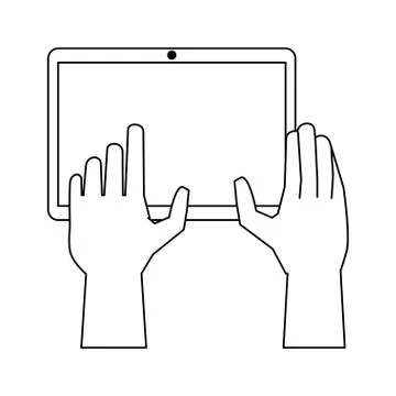 Hands using tablet cartoon in black and white Stock Illustration
