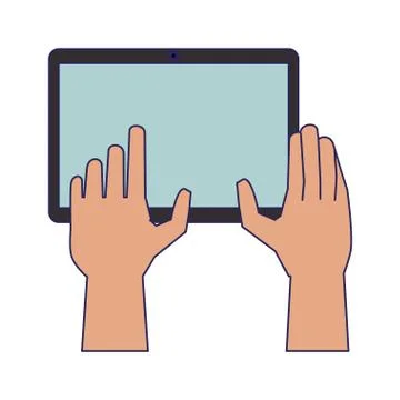 Hands using tablet cartoon blue lines Illustrazione stock