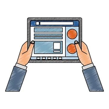 Hands using tablet to check social networks scribble Illustrazione stock