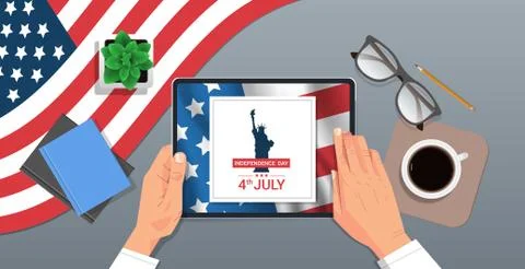 Hands using tablet with liberty statue on screen 4th of july american Stock Illustration