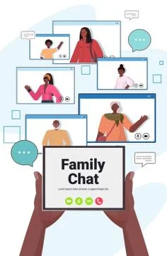 Hands using tablet pc chatting with people during virtual meeting video call Illustrazione stock