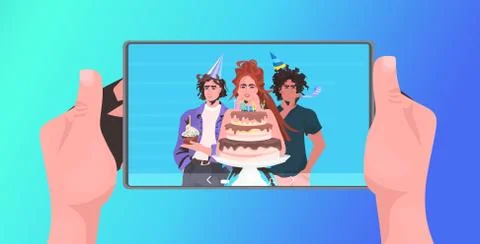 Hands using tablet pc mix race friends celebrating online party having virtual Stock Illustration