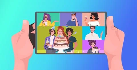 Hands using tablet pc mix race friends celebrating online party having virtual Ilustración de archivo