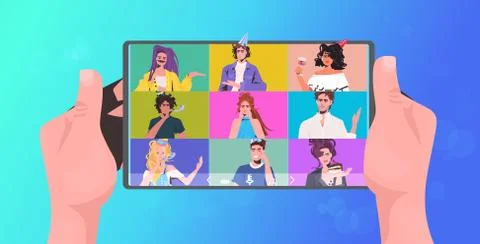 Hands using tablet pc mix race friends celebrating online party having virtual Stock Illustration