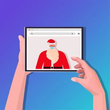Hands using tablet pc with santa claus on screen new year christmas holidays Stock Illustration