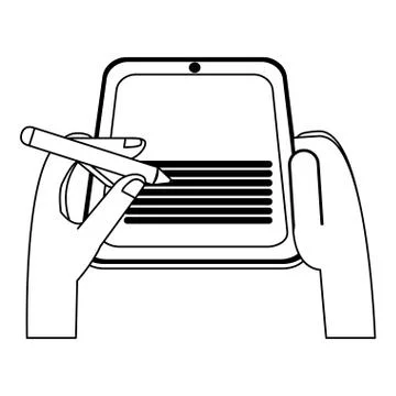 Hands using tablet with pen in black and white Stock Illustration