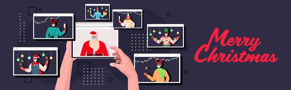 Hands using tablet santa in mask discussing with people during video call new Stock Illustration