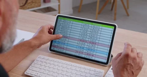 Hands using tablet spreadsheet data analysis, financial accounting at home Stock Footage 318835791