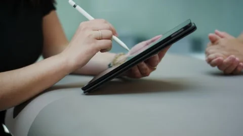 Hands Using Tablet with Stylus, Business Consulting Meeting, Close Up Shot Vídeo Stock 341533662
