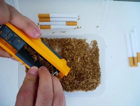Hands Using Tobacco Rolling Device, Step-By-Step Hand-Rolled Cigarette Making Fotos Stock