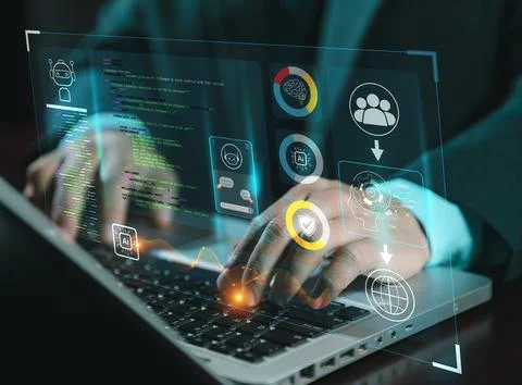 Hands using typing keyboard with creative binary coding hologram on blurry .. 스톡 사진