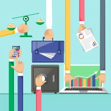 Hands with various business elements Stock Illustration