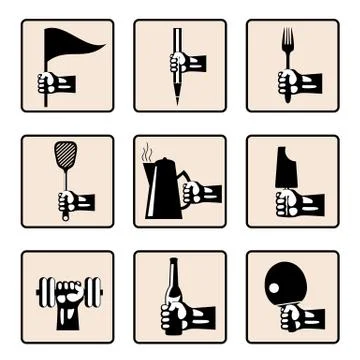 Hands with various household items Stock Illustration