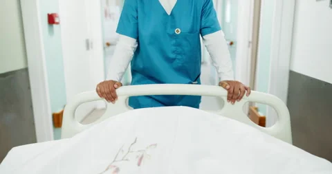 Hands, walking and nurse with bed in hospital for operation, icu or healthcare Stock-Footage 340908533