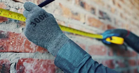 Hands, wall and tape measure at construction site for precision, dimension and Stock Footage 336793949