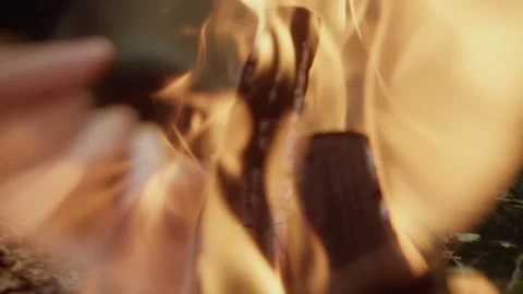 Hands warming themselves in front of a fire in the forest while on vacation Stock Footage 317215052