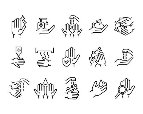 Hands washing flat icon set. Tutorial pictogram for web. Line stroke. Isolate Stock Illustration