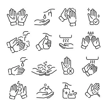 Hands washing flat icon set. Tutorial of hand cleaning pictograms for web. Li Stock Illustration