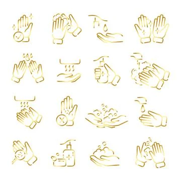 Hands washing flat icon set. Tutorial of hand cleaning pictograms for web. Is Stock Illustration