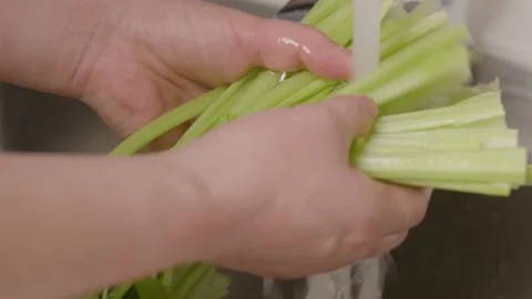 Hands Washing Fresh Green Celery Under Running Water in Kitchen Sink Video stock 336561196