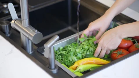 Hands washing fresh vegetables in kitchen sink Stock Footage 336466094