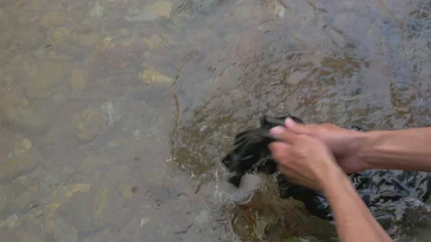 Hands washing a tee shirt in a river, in New Zealand Stock Footage 218440474