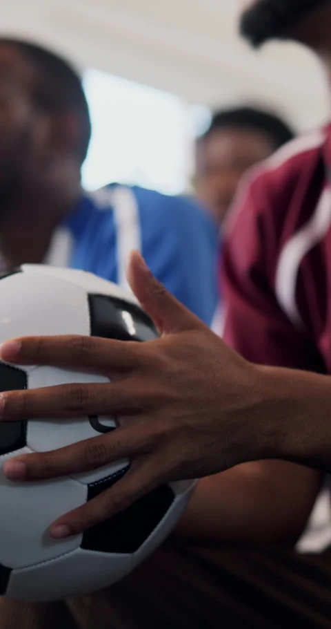 Hands, watching tv and man with soccer ball, loss or frustrated with match for Video stock 331640924