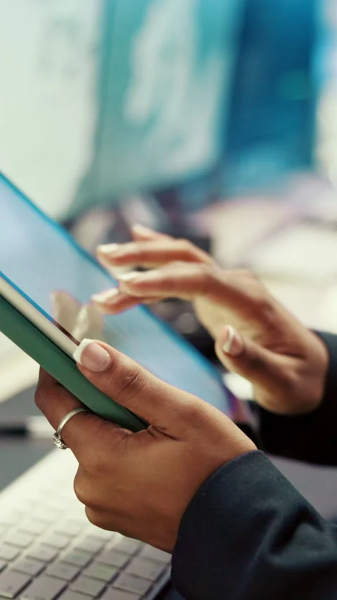 Hands, weather and screen with tablet for data, digital map or info for Stock Footage 335276045