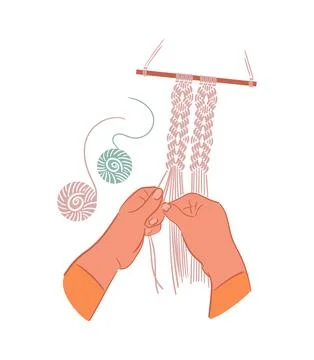 Hands weave a macrame panel with balls of thread nearby. boho. Handmade. Hobbies Stock Illustration
