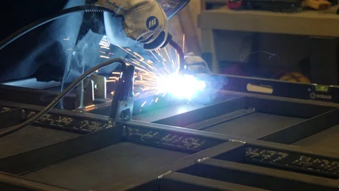 Hands with Weld Sparks and Level Video stock 87125969