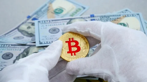 Hands in white gloves watch gold bitcoin cryptocurrency on the USD dollars Stock Footage 88782887