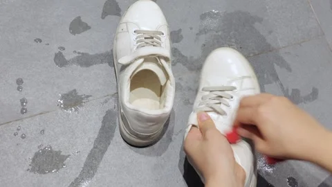 Hands wipe white sneaker during home care 動画素材 337955066