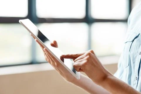 Hands, woman and programmer in office with tablet, research and coding for .. 库存照片